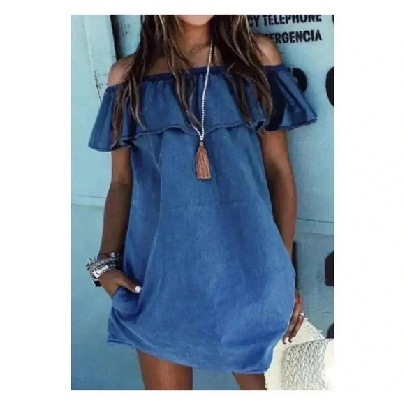 🆕Solid Ruffled Denim Shift Dress S 🆕 - Picture 1 of 5